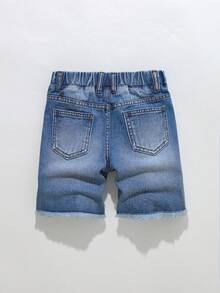 Boys' Summer Denim Shorts,Fashionable Street Style Light Blue Washed Distressed Ripped Details,Elastic Waistband Versatile Fit New Casual Jean Shorts - Dark Wash - View 3