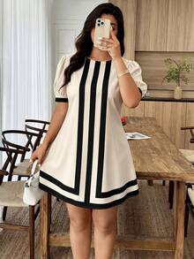 Weeklong Plus Size Women's Casual Vacation Round Neck Puff Sleeve A-Line Short Dress, Spring/Summer - Apricot - View 3