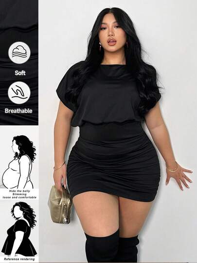SHEIN CURVE+ 플러스 사이즈 여성 솔리드 컬러 라운드 넥 캐주얼 미니멀리스트 반팔 바디콘 드레스