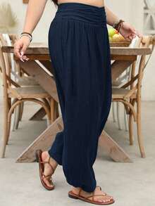 EMERY ROSE Plus Size Solid Color Casual Pleated Loose Beach Vacation Pants Fall - Navy Blue - View 3