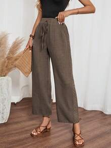 Louniche Women's Denim EffectLinen Floral Trim Side Pants - Coffee Brown - View 6