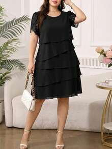 Reflora Plus Size Women Solid Color Round Neck Casual Party & Outing Dress - Black - View 1