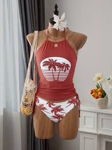 SHEIN Swim Lushore Áo tắm tankini nữ mùa hè đi biển, họa tiết cây cọ nhiệt đới kẻ sọc, hở lưng, buộc dây phía trước. - Nhiều màu - Xem 5