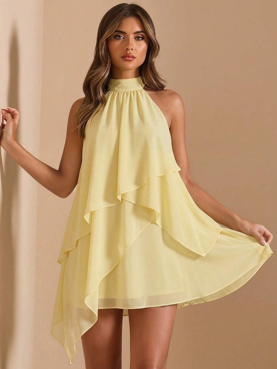 SHEIN BAE Pale Yellow Halter Neck Layered Ruffle Satin Mini Skirt, Gentle And Elegant Beach Date Dress,Dresses For Women Summer - Light Yellow - View 1