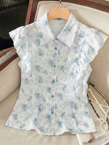 Seusyu Women's Digital Print Floral Ruffle Sleeve Blouse, Fashionable & Age-Reducing, Spring/Summer - Blue - View 5