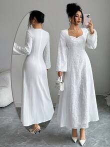 Modelyn White Autumn Elegant Date Dress For Women Square Neck Embroidered Fabric Patchwork Long Sleeve Cinched Waist Flared Midi Broderie Bride Filipiniana - White - View 6