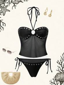 Women's Halter Tie Tankini Top And Triangle Bottoms Swimsuit Set, Suitable For Summer Vacation - Black - View 3