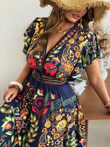 Ceyna Plus Size Women's Summer Boho Navy Blue Printed Casual Dress,Deep V-Neck Bohemian Flare Sleeve Maxi Dress,Vacation Holiday Party Fitted Top Flared - Multicolor - View 6