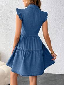 SHEIN 少女海军蓝前扣荷叶边牛仔衬衫裙 - 藍色 - 查看 4