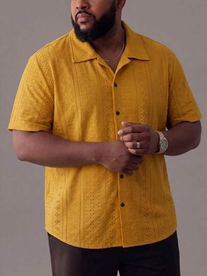 ResortEase Men's Plus Size Boho Summer Casual Solid Color Hollow Out Embroidery Shirt, Vacation, Plain