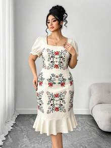 Elenzga Vestido de talla grande con cuello cuadrado, estampado floral estilo francés y volantes en el bajo - Albaricoque - Ver 3