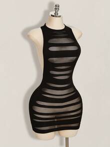 SHEIN ICON 2000 夏季女士外出黑色夜店哥特风露背纯色交叉露背休闲迷你连衣裙 - 黑色 - 查看 7