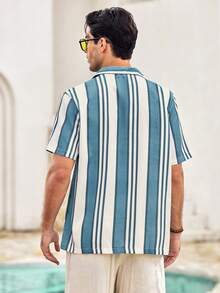Mercer Haus Men's Casual Striped Short Sleeve Shirt, Fashionable & Versatile, Collared, Full Front Button Design, Suitable For Business, Work, And Leisure Wear - Blue - View 2