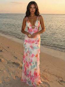 Aloruh Vestido de vacaciones con estampado floral para mujer, vestido elegante con volantes y recortes sexy - Rosa - Ver 1