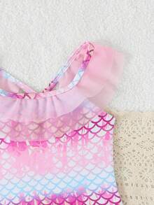SHEIN Bộ áo tắm liền thân kiểu nàng tiên cá màu xanh hồng ombre in họa tiết vảy cá, viền ren, chất liệu lưới, thích hợp cho bãi biển và hồ bơi. - Nhiều màu - Xem 4