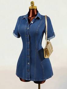 Đầm denim nữ mùa hè kiểu dáng thường ngày, tay áo xắn gập, eo thắt, cài khuy đơn. - Màu xanh lam - Xem 3