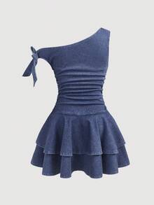 SHEIN Tween Girl Fashion Casual Cute Y2k Vintage Cool Street Light Blue Knitted Denim Metallic Flower-Patterned Sleeveless Off-The-Shoulder Tied Elasticized Stretchy Snug-Fitting Ruffled Layer Short Dress For Tween Girl Clothes Tween Girl Daily Wear Party And Tween Girl Autumn To Rave Outfits Festival And Outfits Streetwear Clothes - Blue - View 2