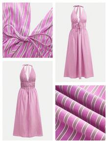 Maija Vestido de mujer con cuello de halter y corbata, de estilo versátil y con rayas - Multicolor - Ver 4