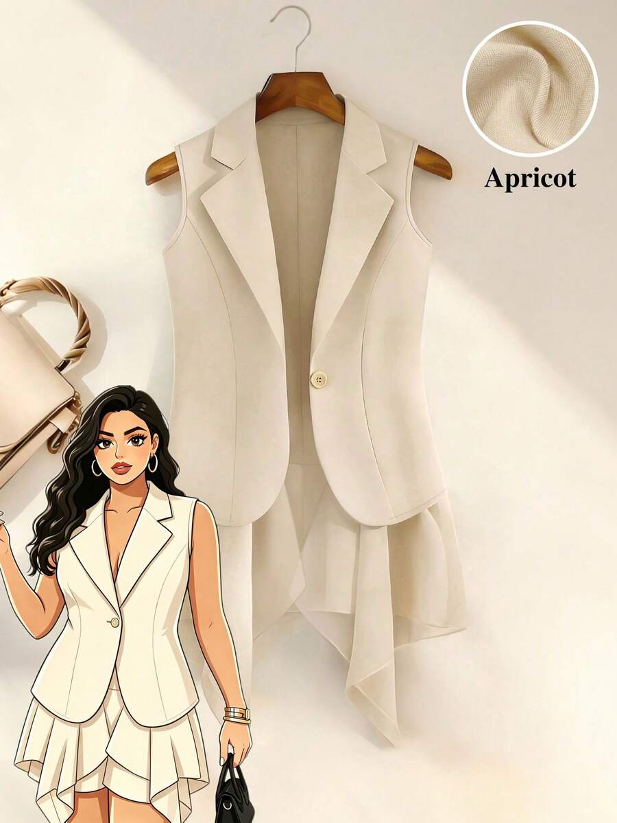GlowEve CURVE Plus Size Women's Solid Color Single-Breasted Casual Lapel Vest, Versatile For Commuting And Outings - Apricot - View 1
