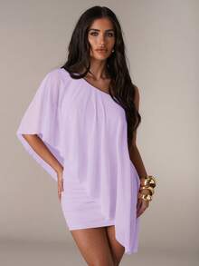 SHEIN BAE Robe d'été décontractée pour femmes, couleur unie rose, épaule asymétrique avec volants, robe moulante mini plissée assortie. Robe de vacances élégante et sexy. Robe décontractée pour sœurs pour l'extérieur. Robe rose pour la plage, les vacances, les mariages. Robe rose élégante et sexy. - Parme - Voir 6