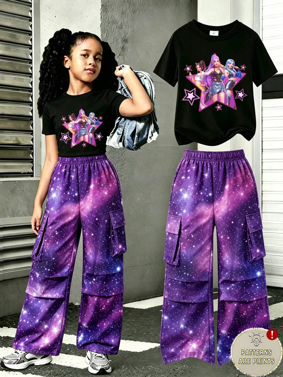 两件套少女时尚女团星形字母印花短袖上衣和渐变星形印花口袋工装裤套装,适合夏季外出穿着 - 彩色 - 查看 1