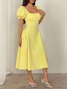 SHEIN PETITE Đầm vàng tay cánh hoa, thắt eo, dài ngang gối - Màu vàng - Xem 7