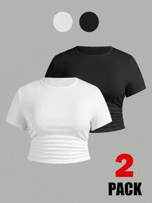 SHEIN Essnce 2 piezas Camiseta ajustada de manga corta con pliegues de unicolor simple para mujer talla grande, de uso casual y para ir al trabajo - Multicolor - Ver 1