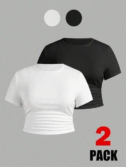 SHEIN Essnce 2 chiếc áo thun ngắn tay xếp ly dáng ôm, màu trơn, đơn giản, dành cho nữ, thích hợp mặc đi làm, mùa hè.