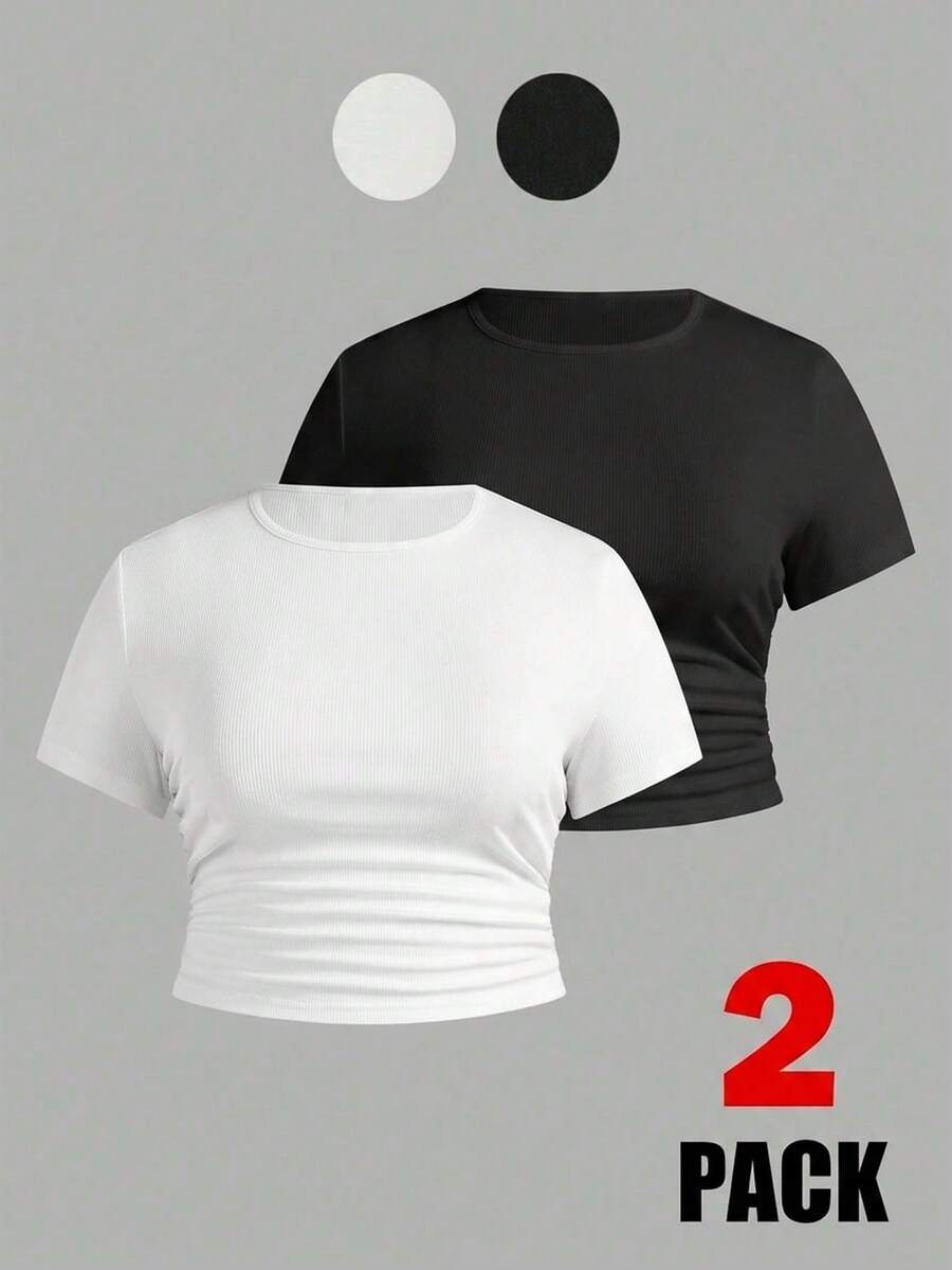 SHEIN Essnce 2 piezas Camiseta ajustada de manga corta con pliegues de unicolor simple para mujer talla grande, de uso casual y para ir al trabajo - Multicolor - Ver 1