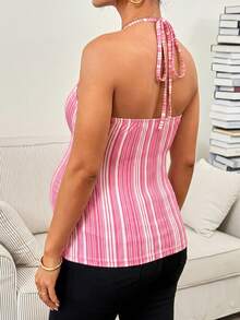 SHEIN Camiseta sin espalda con nudo delantero, estampado de bloques de color y rayas, para embarazadas en vacaciones de verano en la playa - Rosa - Ver 2