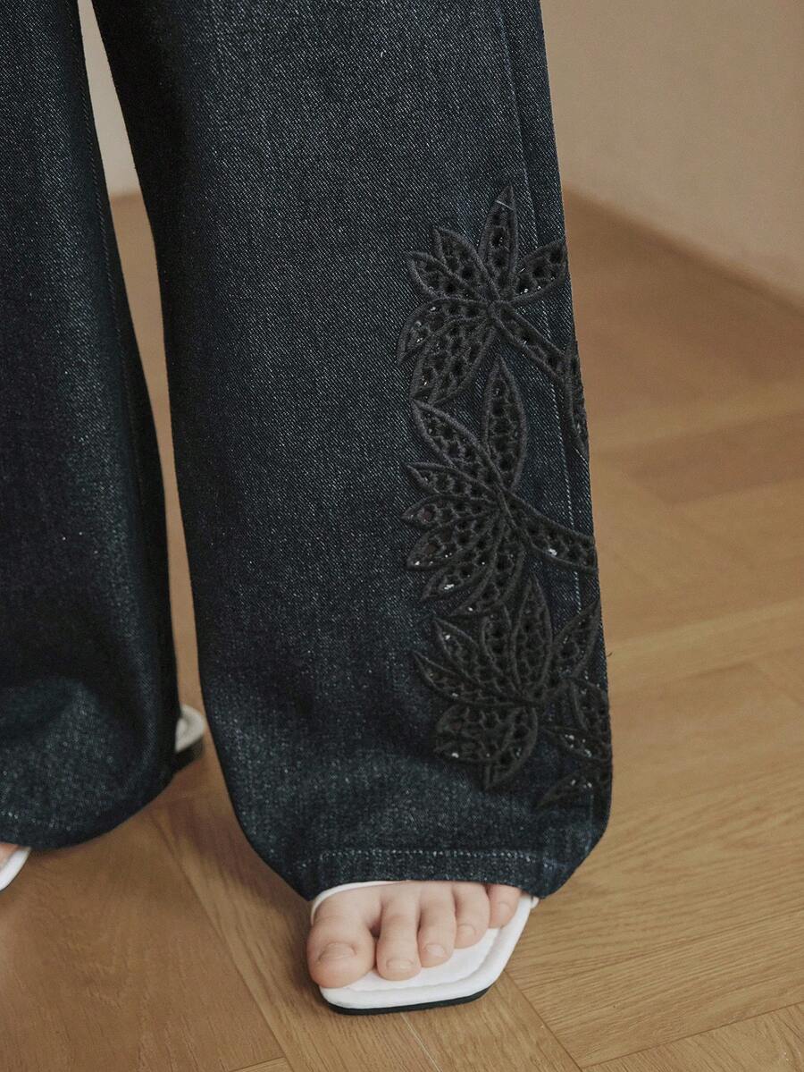 女童精致镂空刺绣黑色直筒牛仔裤 - 黑色 - 查看 1
