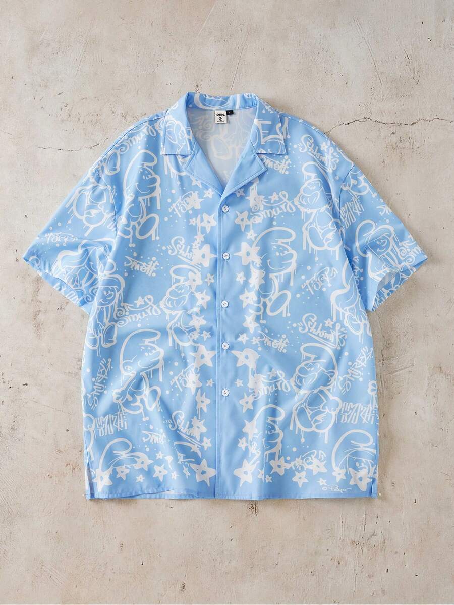 SHEIN X The Smurfs 男士休闲卡通印花短袖衬衫，夏季款 - 藍色 - 查看 1