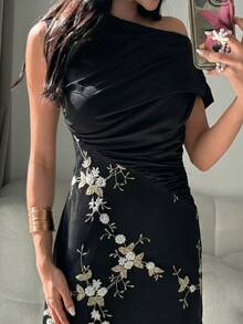 Modelyn 婚礼季、春夏休闲优雅通勤、日常约会、生日派对、办公室着装、简约小礼服、闺蜜聚会、小型宴会、派对、露肩褶皱网纱面料、刺绣花朵、拼接针织面料、杏色长裙、A字裙、女士长裙 - 黑色 - 查看 2