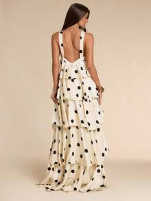 SHEIN BAE Vintage Polka Dot Ruffle Tiered Dress, Elegant Graceful Birthday Wedding Guest Vacation Spring/Summer, For Women Party Black And White Polka Dot - White - View 7