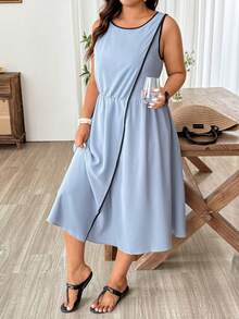Weeklong Plus Size Casual Color Block Trim Loose Flowy Sleeveless Dress Gym Brown Summer - Blue - View 5