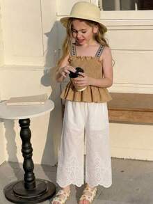 2pcs/Set Young Girl Korean Style Retro Embroidered Ribbon Ruffle Camisole Top & Floral Pants,Summer Matching Holiday Family Vacation Outfits - Khaki - View 5