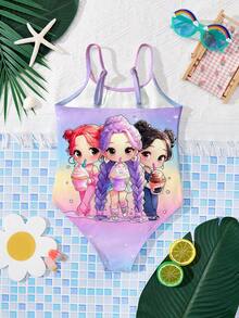 Young Girls' Colorful Ombre, K-Pop Superstars Cartoon Girl Group Print One-Piece Swimsuit, Suitable For Summer - Multicolor - View 2