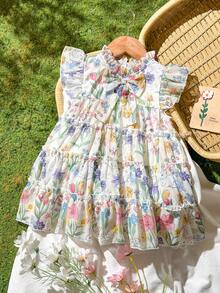 SHEIN Vintaside Kids Đầm dự tiệc họa tiết hoa, nơ trang trí, thời trang cho bé gái, thích hợp cho mùa xuân, hè, thu, ở nhà, đi nghỉ mát, lễ hội, dự tiệc và mặc hàng ngày. - Màu vàng - Xem 2