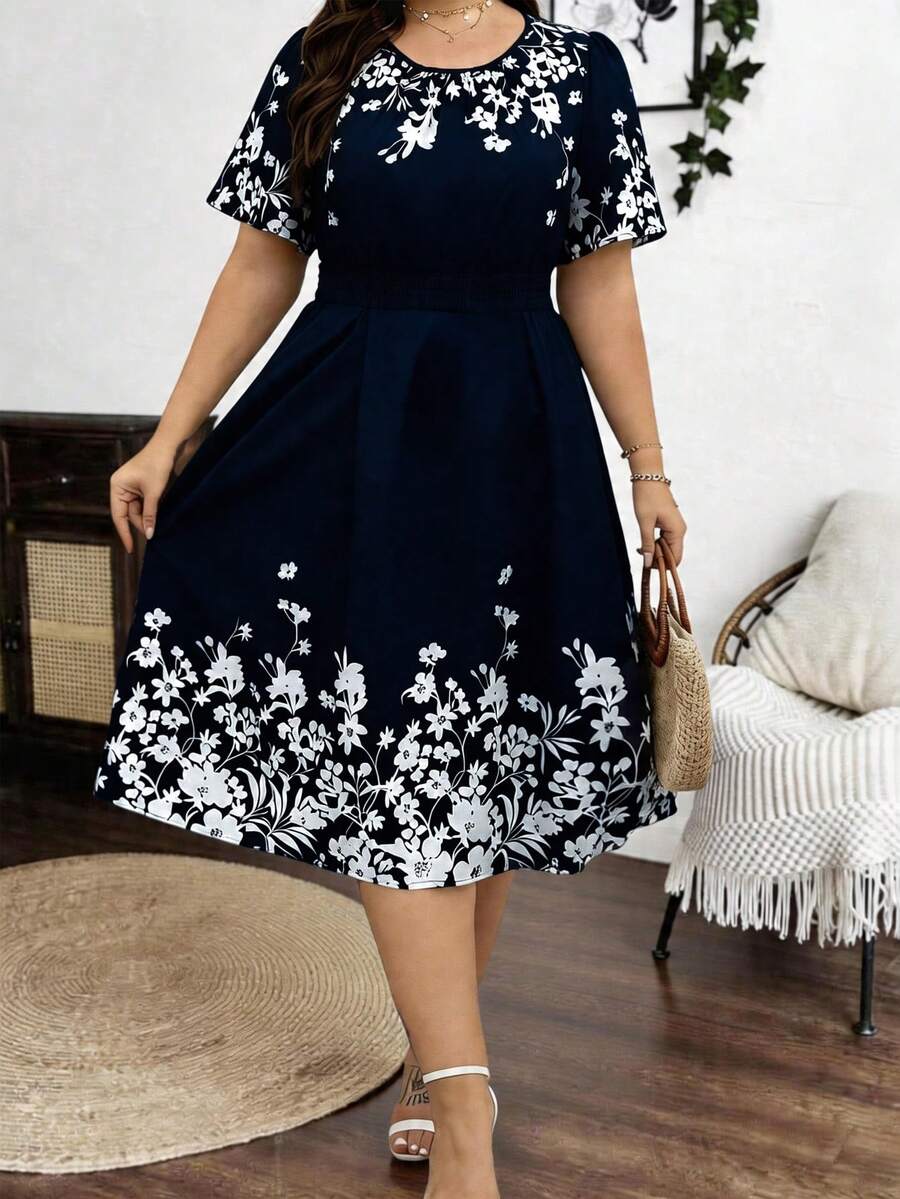 SHEIN Holidaya Đầm chữ A cổ tròn in hoa thanh lịch cỡ lớn, viền bèo nhún, eo chun, phù hợp cho đi làm hàng ngày, đi chơi, dự tiệc, nghỉ mát. - Màu xanh hải quân - Xem 1