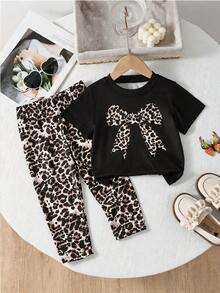 SHEIN Playful Pals Baby Girls' Cute Bow Print White Round Neck Short Sleeve Top Paired With Comfortable Leopard Print Casual Pants, T-Shirt Set, Spring/Summer - Black - View 4