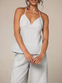 Athîral Women's Plaid Ruched Halter Tie Backless Top And Pants Casual 2-Piece Set Lounge Light Grey Summer - Blue - View 3