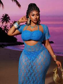 Maweii Conjunto de cubrecuerpo y cubrecuerpo de encaje de unicolor con cuello halter, talla grande, para vacaciones y playa - Azul - Ver 6