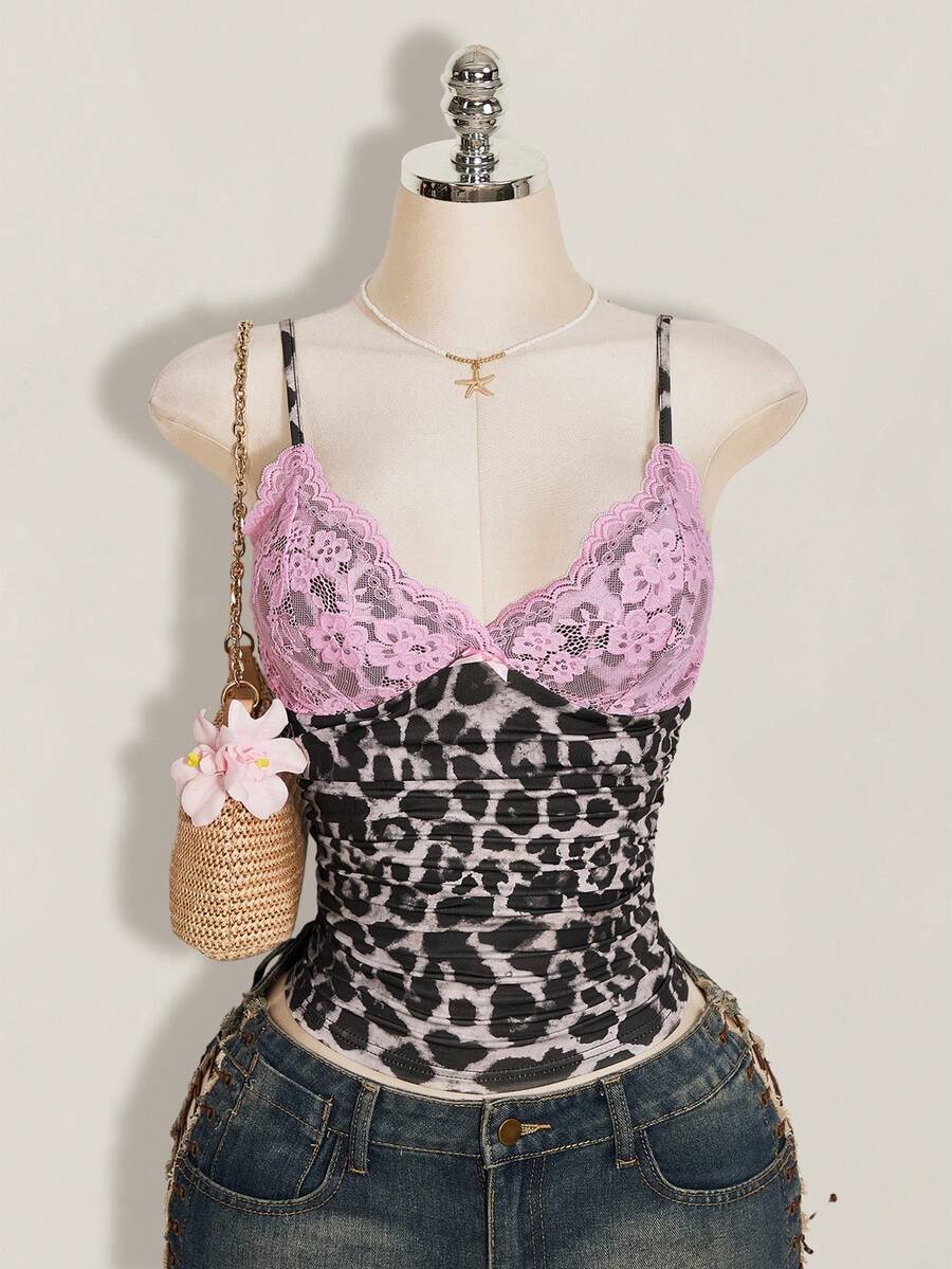 SHEIN ICON Women's Lace & Leopard Print Patchwork Sexy Versatile Camisole Top - Multicolor - View 1