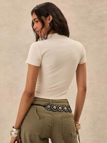 Easelle Women's Solid Color Double Button Design Short Sleeve Knit Top Golf White Autumn Basic - White - View 7