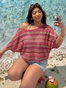 SHEIN EZwear Plus Size Bohemian Colorful Striped Irregular Off-Shoulder Short Sleeve T-Shirt, Fuchsia - Hot Pink - View 4