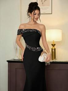 Poshira Women's Elegant Off-Shoulder Pearl Embellished Cocktail Party Dress - Black - View 7