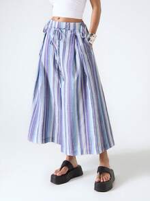 LYSMO Quần short ống rộng kẻ sọc phong cách thường ngày mùa hè dành cho nữ - Xanh và trắng - Xem 4