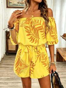 Breezaya Hawaiian Style Ruffled Off-Shoulder Romper - Yellow - View 5