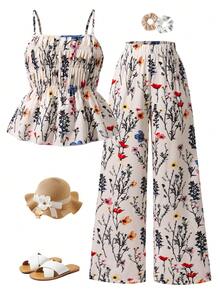 SHEIN Sparklyn 两件套女童碎花吊带背心和直筒裤，夏季度假风套装，适合休闲、度假和日常穿着。 - 杏色 - 查看 3