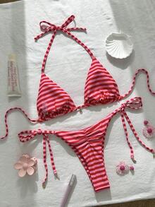 Swim Mod 女士两件套热带印花上衣，饰有贝壳图案，搭配系带裤，畅销沙滩度假休闲优雅比基尼套装，适合情人节派对 - 彩色 - 查看 3